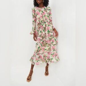Floral Tie-Waist Midi Dress in Pink and Green